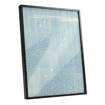 Swanwater Rhythm, blue, white, beige nature wall art shown as a black framed poster wall art print
