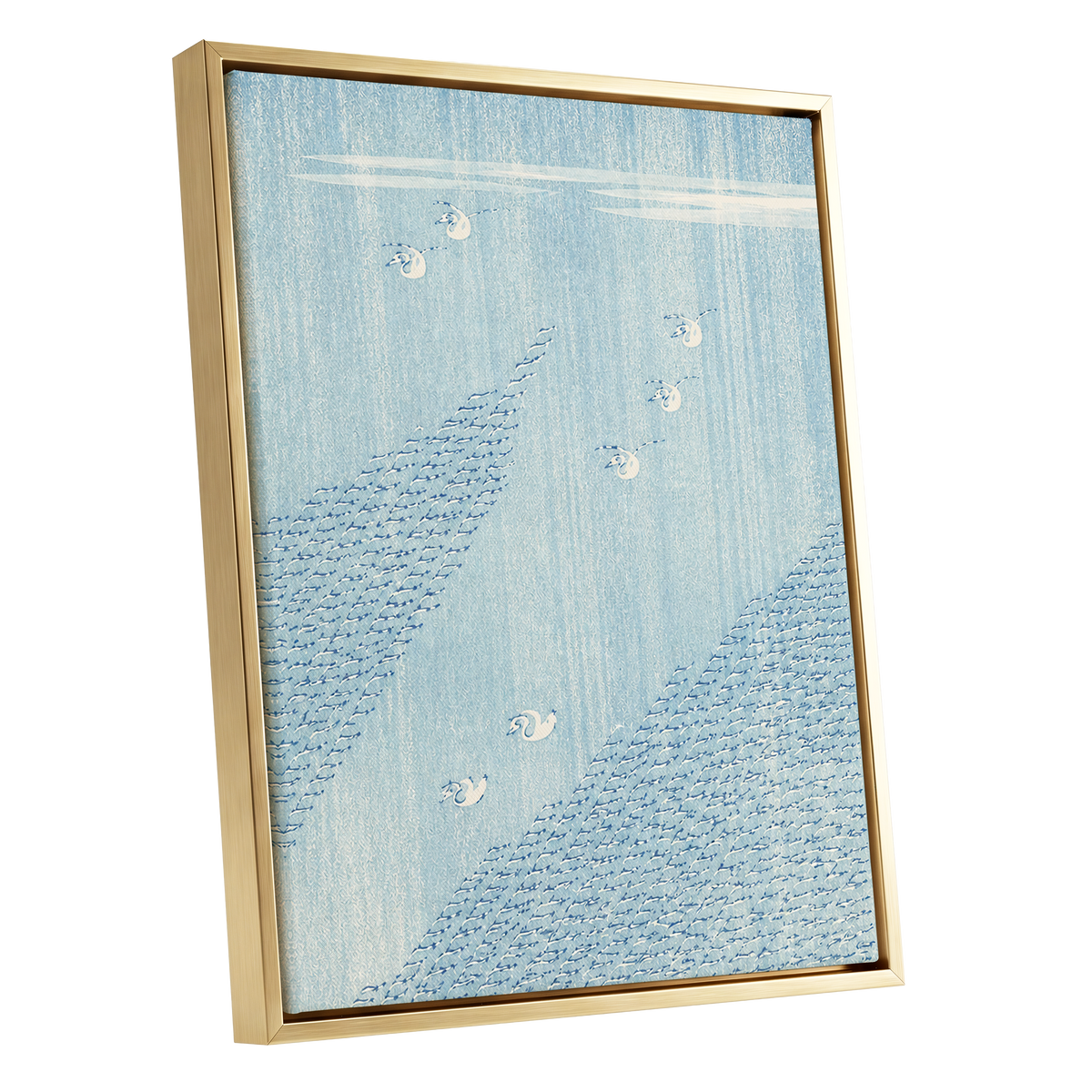 Swanwater Rhythm, blue, white, beige nature wall art shown as a gold framed canvas wall art