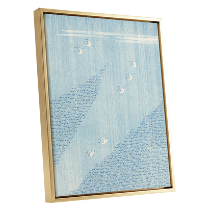 Swanwater Rhythm, blue, white, beige nature wall art shown as a gold framed canvas wall art