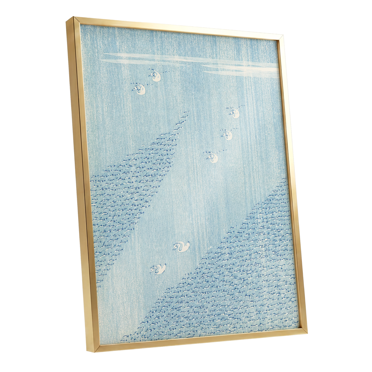 Swanwater Rhythm, blue, white, beige nature wall art shown as a gold framed poster wall art print