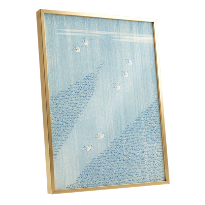 Swanwater Rhythm, blue, white, beige nature wall art shown as a gold framed poster wall art print