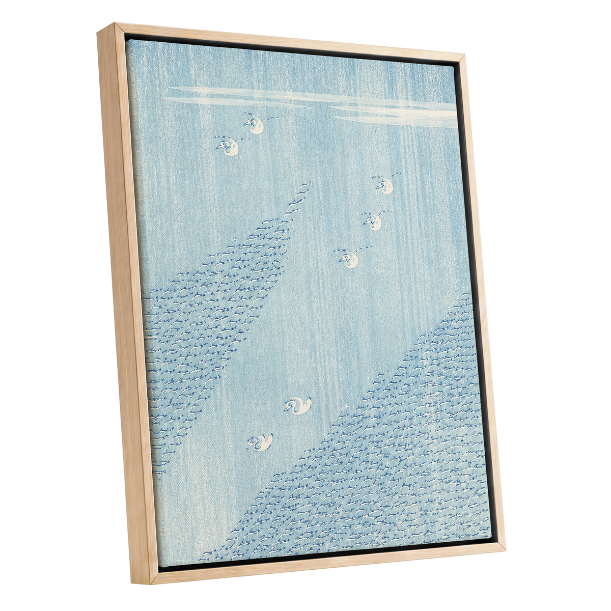 Swanwater Rhythm, blue, white, beige nature wall art shown as a oak framed canvas wall art