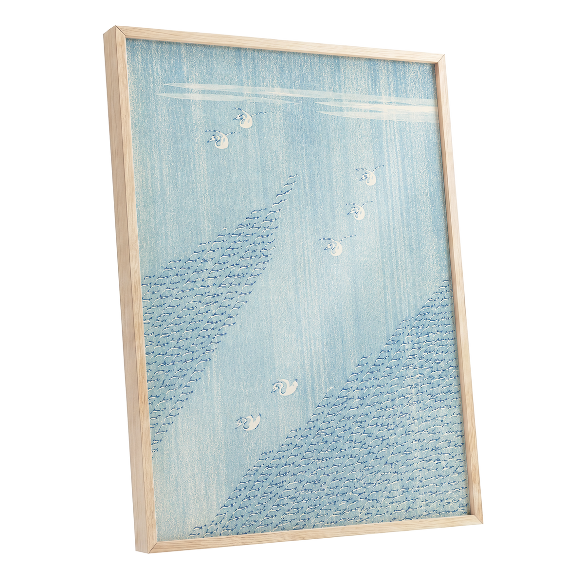 Swanwater Rhythm, blue, white, beige nature wall art shown as a oak framed poster wall art print