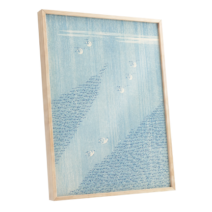 Swanwater Rhythm, blue, white, beige nature wall art shown as a oak framed poster wall art print