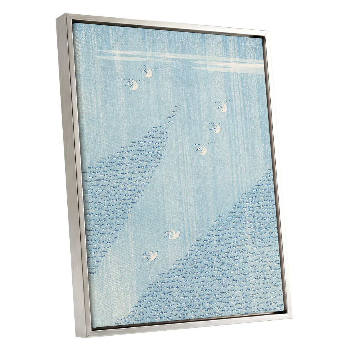 Swanwater Rhythm, blue, white, beige nature wall art shown as a silver framed canvas wall art