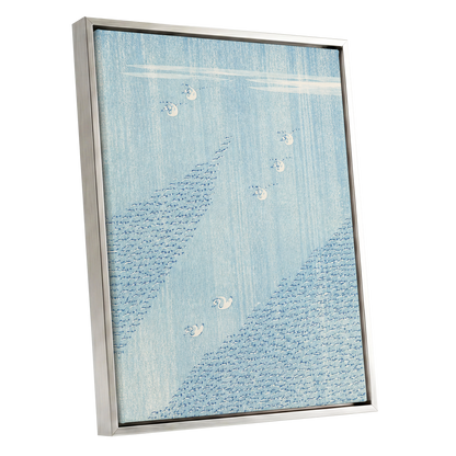 Swanwater Rhythm, blue, white, beige nature wall art shown as a silver framed canvas wall art