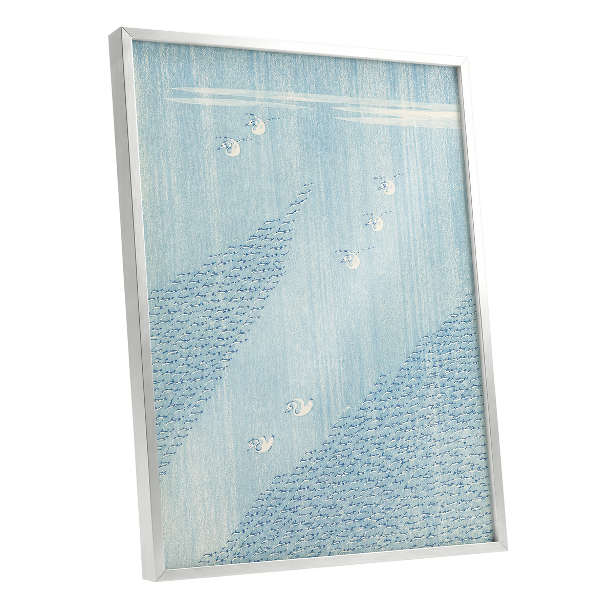 Swanwater Rhythm, blue, white, beige nature wall art shown as a silver framed poster wall art print