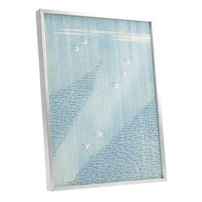Swanwater Rhythm, blue, white, beige nature wall art shown as a silver framed poster wall art print
