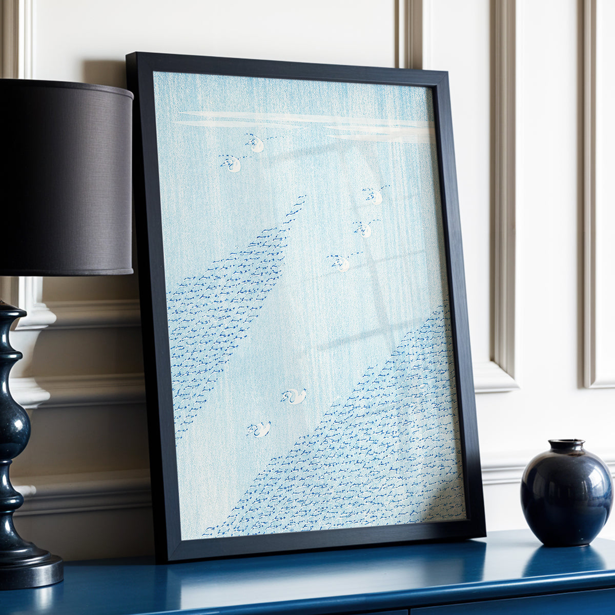 Swanwater Rhythm, blue, white, beige nature wall art displayed in a styled interior, gallery view 2