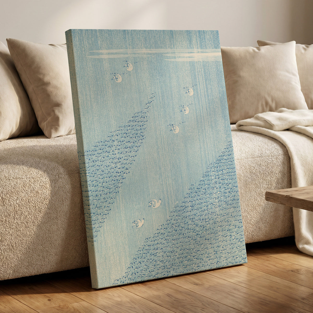 Swanwater Rhythm, blue, white, beige nature wall art displayed in a styled interior, gallery view 7