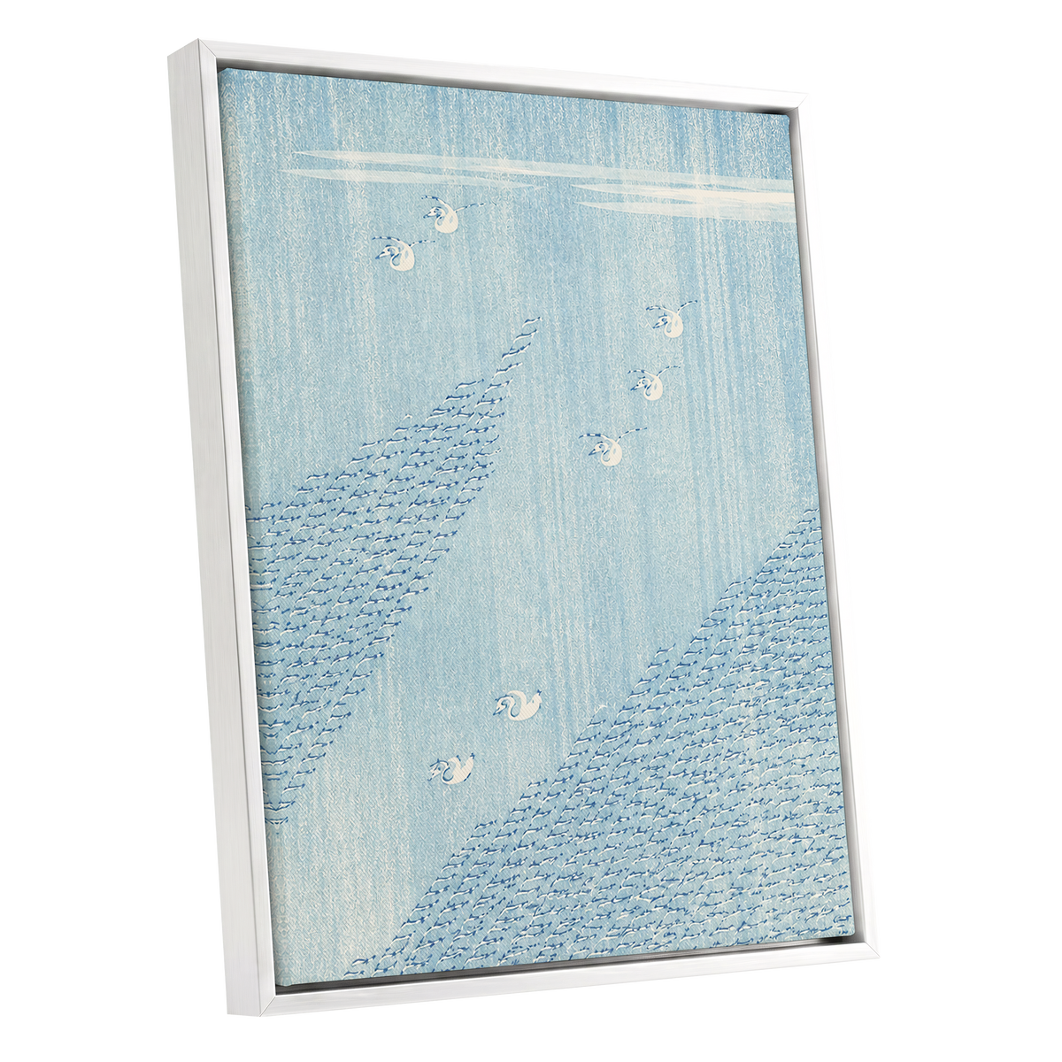 Swanwater Rhythm, blue, white, beige nature wall art shown as a white framed canvas wall art