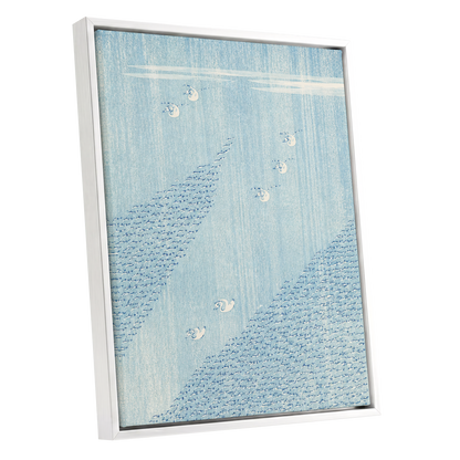 Swanwater Rhythm, blue, white, beige nature wall art shown as a white framed canvas wall art