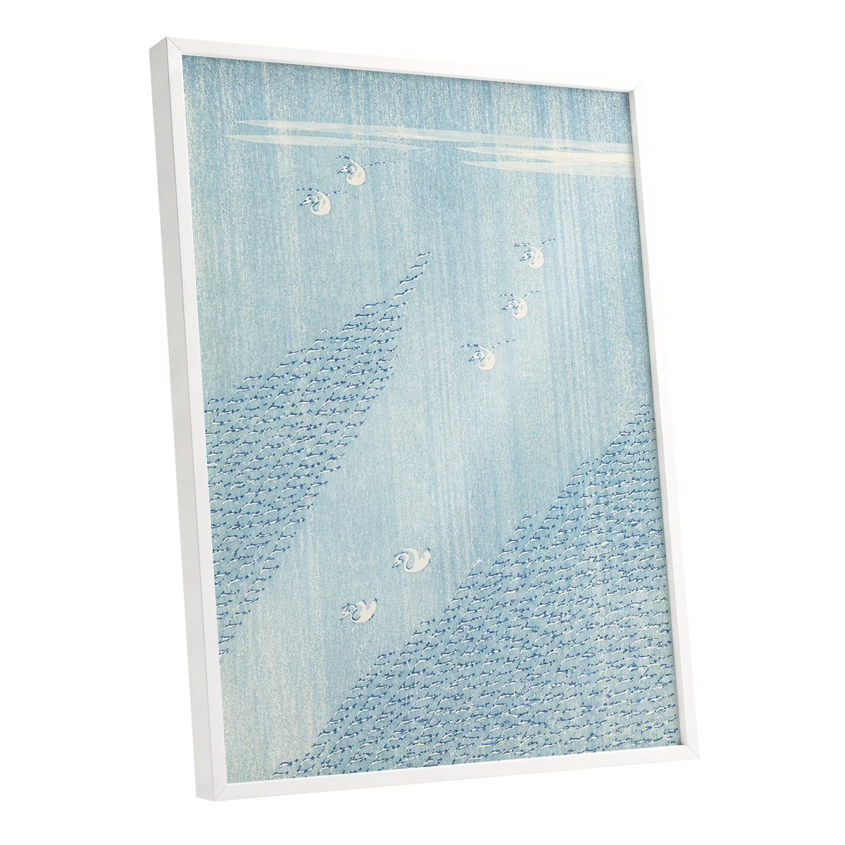 Swanwater Rhythm, blue, white, beige nature wall art shown as a white framed poster wall art print