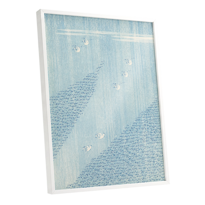 Swanwater Rhythm, blue, white, beige nature wall art shown as a white framed poster wall art print