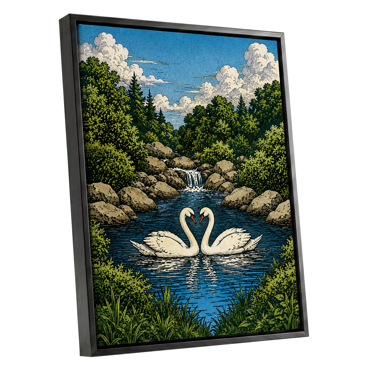 Swanwater Sanctuary, blue, green, beige nature wall art shown as a black framed canvas wall art