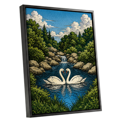 Swanwater Sanctuary, blue, green, beige nature wall art shown as a black framed canvas wall art