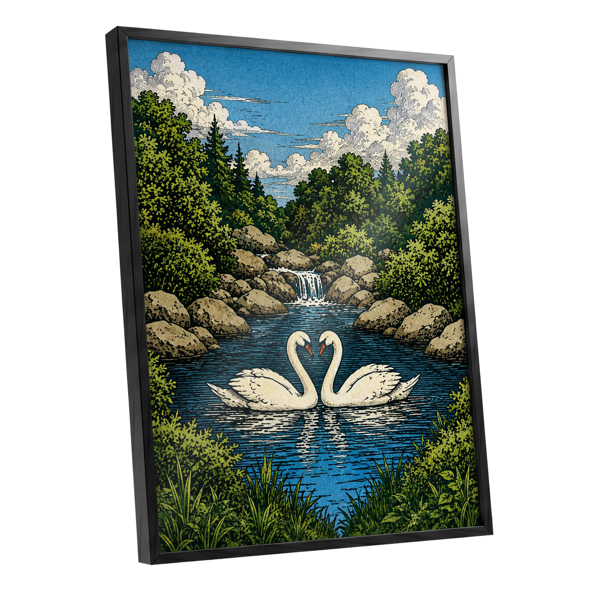 Swanwater Sanctuary, blue, green, beige nature wall art shown as a black framed poster wall art print