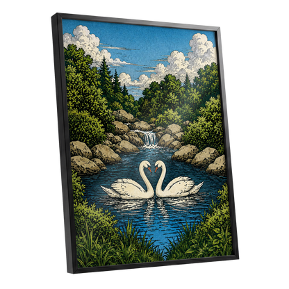 Swanwater Sanctuary, blue, green, beige nature wall art shown as a black framed poster wall art print