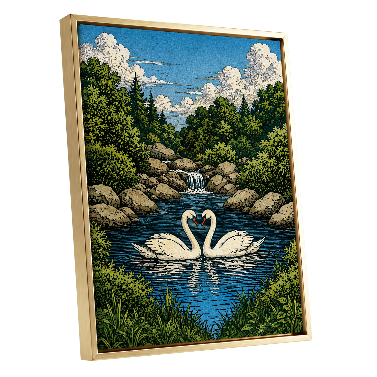 Swanwater Sanctuary, blue, green, beige nature wall art shown as a gold framed canvas wall art