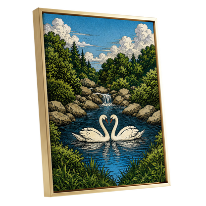 Swanwater Sanctuary, blue, green, beige nature wall art shown as a gold framed canvas wall art