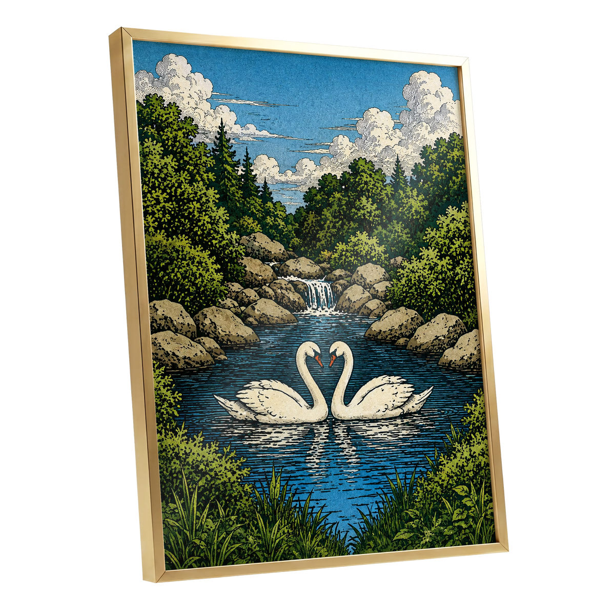 Swanwater Sanctuary, blue, green, beige nature wall art shown as a gold framed poster wall art print