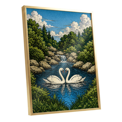 Swanwater Sanctuary, blue, green, beige nature wall art shown as a gold framed poster wall art print