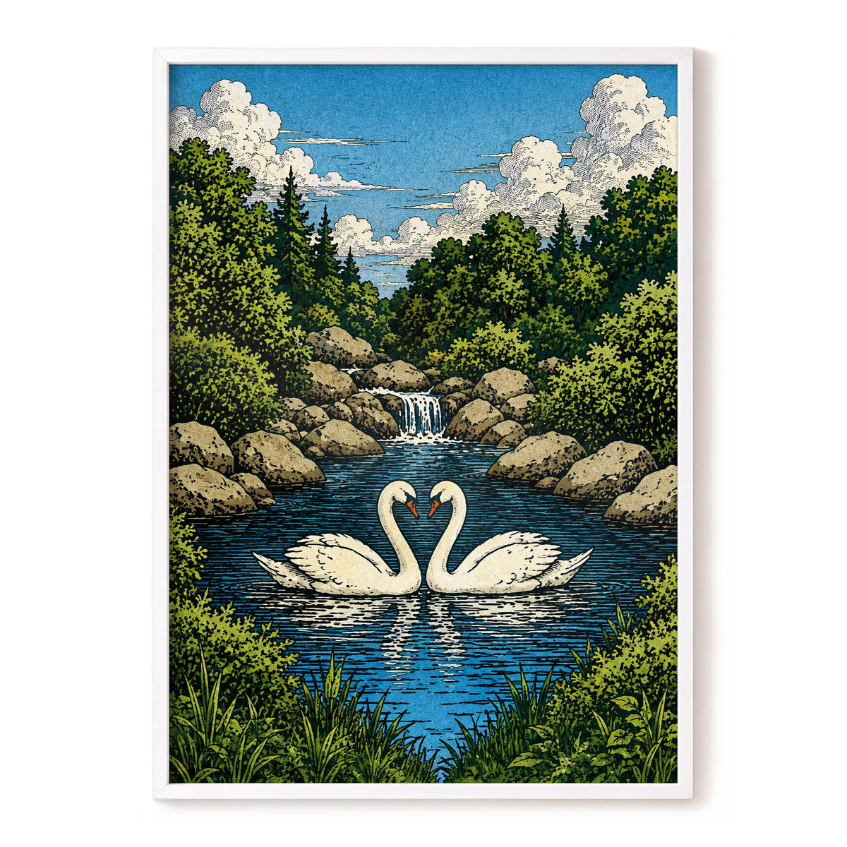 Swanwater Sanctuary, blue, green, beige nature wall art, front artwork view
