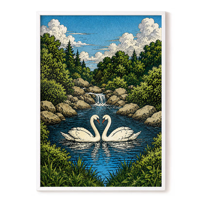 Swanwater Sanctuary, blue, green, beige nature wall art, front artwork view