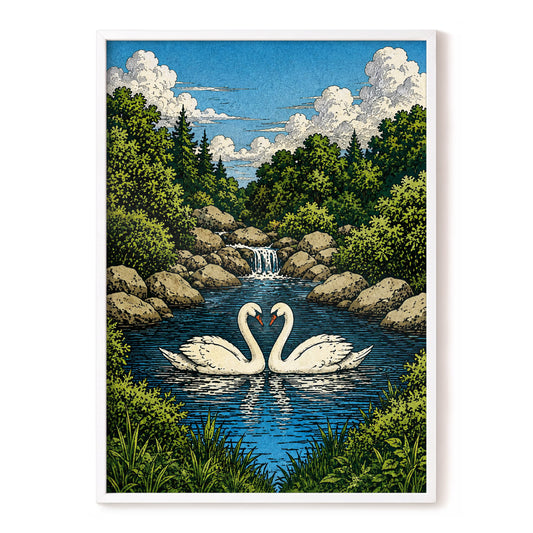 Swanwater Sanctuary, blue, green, beige nature wall art, front artwork view