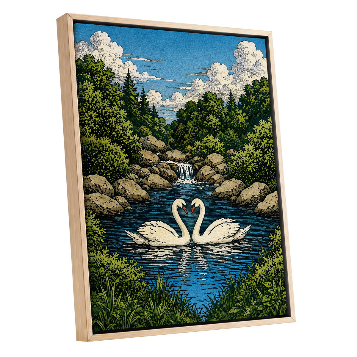 Swanwater Sanctuary, blue, green, beige nature wall art shown as a oak framed canvas wall art