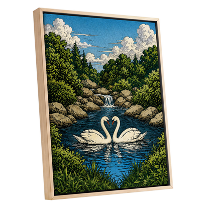 Swanwater Sanctuary, blue, green, beige nature wall art shown as a oak framed canvas wall art