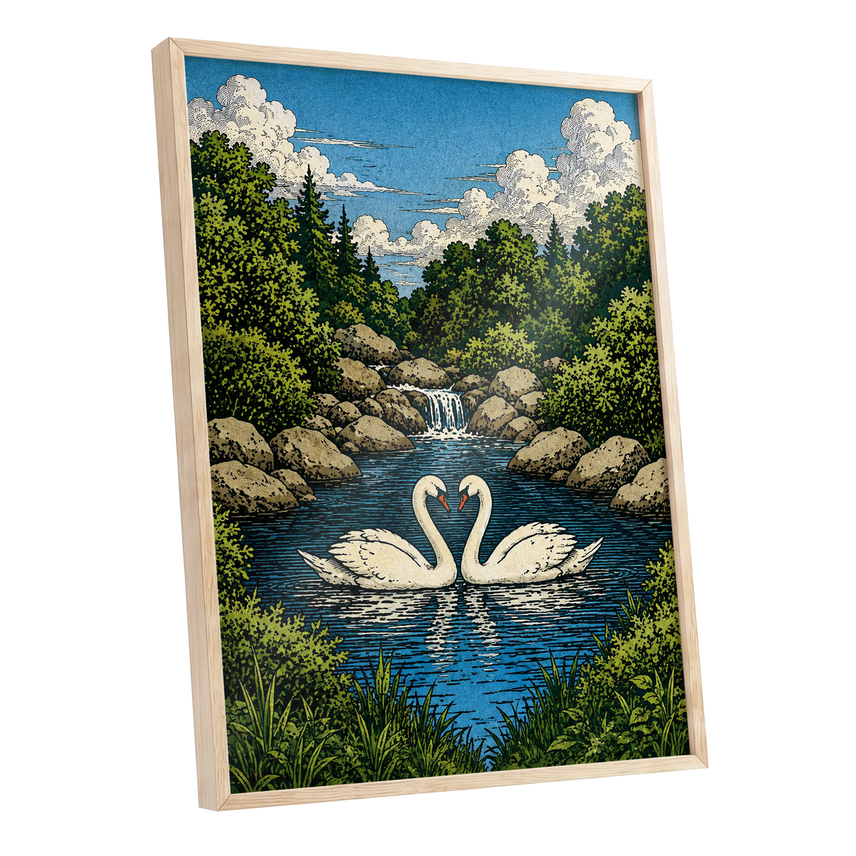Swanwater Sanctuary, blue, green, beige nature wall art shown as a oak framed poster wall art print