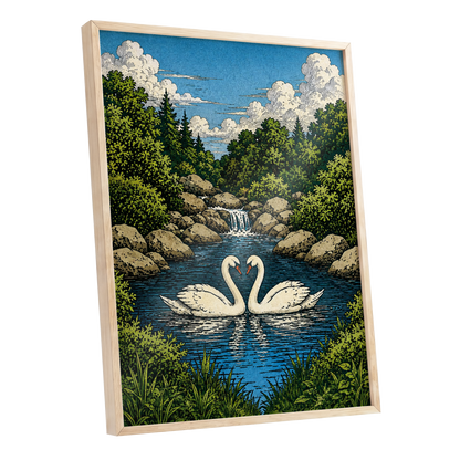 Swanwater Sanctuary, blue, green, beige nature wall art shown as a oak framed poster wall art print