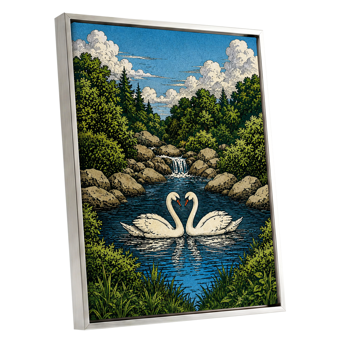 Swanwater Sanctuary, blue, green, beige nature wall art shown as a silver framed canvas wall art