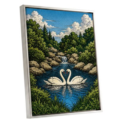 Swanwater Sanctuary, blue, green, beige nature wall art shown as a silver framed canvas wall art