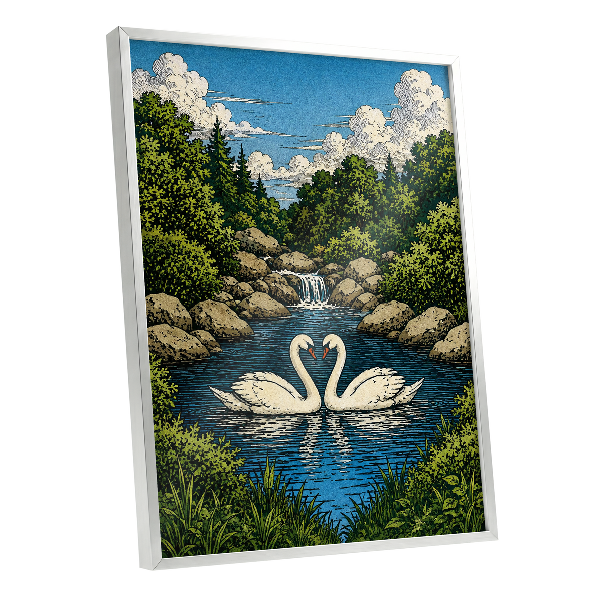 Swanwater Sanctuary, blue, green, beige nature wall art shown as a silver framed poster wall art print
