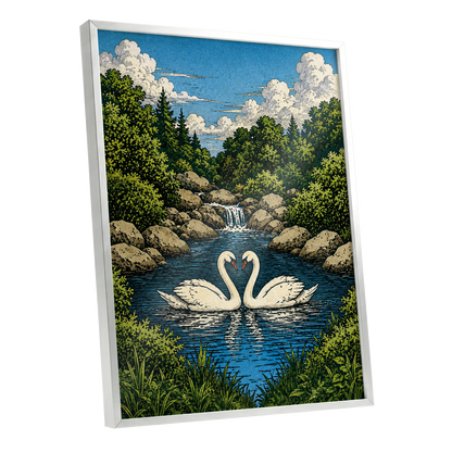 Swanwater Sanctuary, blue, green, beige nature wall art shown as a silver framed poster wall art print