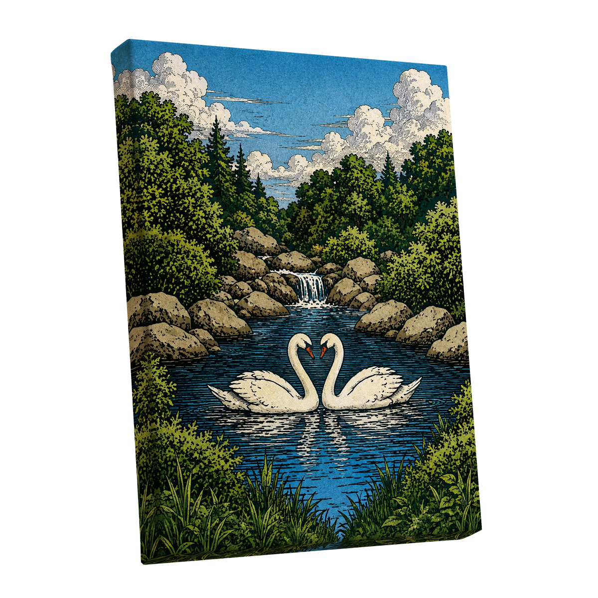 Swanwater Sanctuary, blue, green, beige nature wall art shown as a stretched canvas wall art