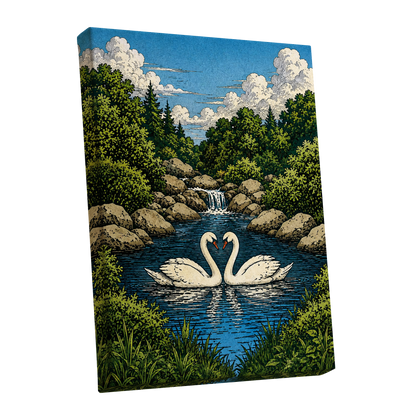 Swanwater Sanctuary, blue, green, beige nature wall art shown as a stretched canvas wall art