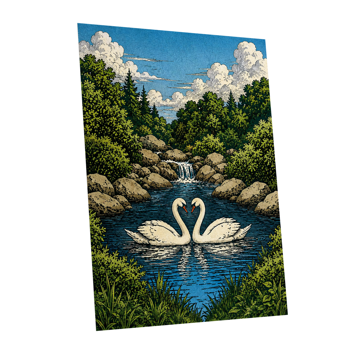 Swanwater Sanctuary, blue, green, beige nature wall art shown as a unframed poster wall art print
