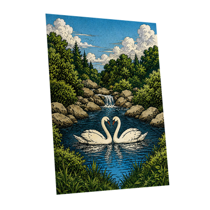 Swanwater Sanctuary, blue, green, beige nature wall art shown as a unframed poster wall art print