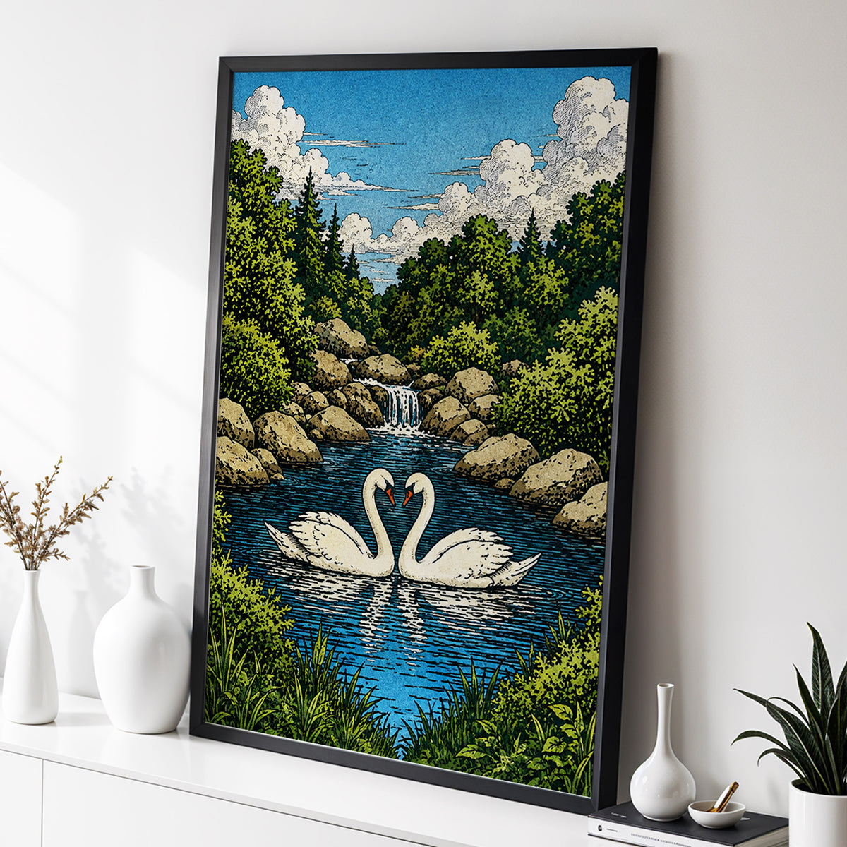 Swanwater Sanctuary, blue, green, beige nature wall art displayed in a styled interior, gallery view 2
