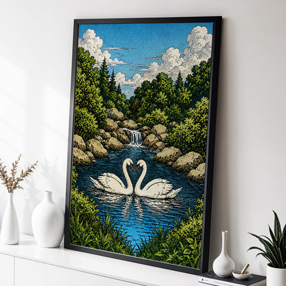 Swanwater Sanctuary, blue, green, beige nature wall art displayed in a styled interior, gallery view 2