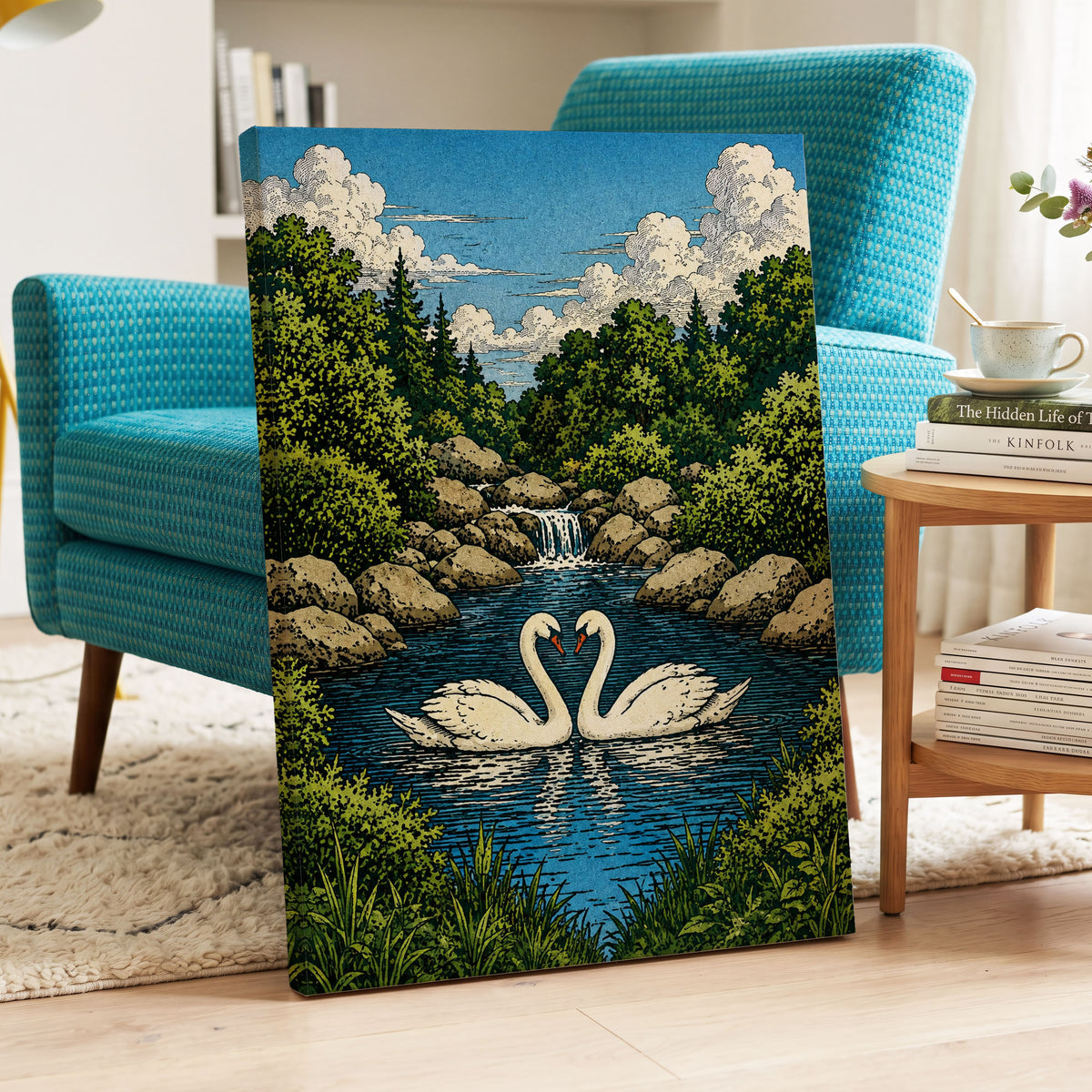 Swanwater Sanctuary, blue, green, beige nature wall art displayed in a styled interior, gallery view 3
