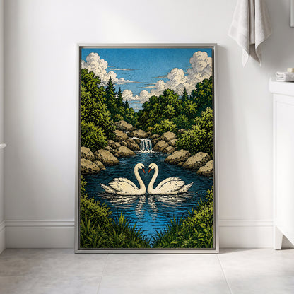 Swanwater Sanctuary, blue, green, beige nature wall art displayed in a styled interior, gallery view 4