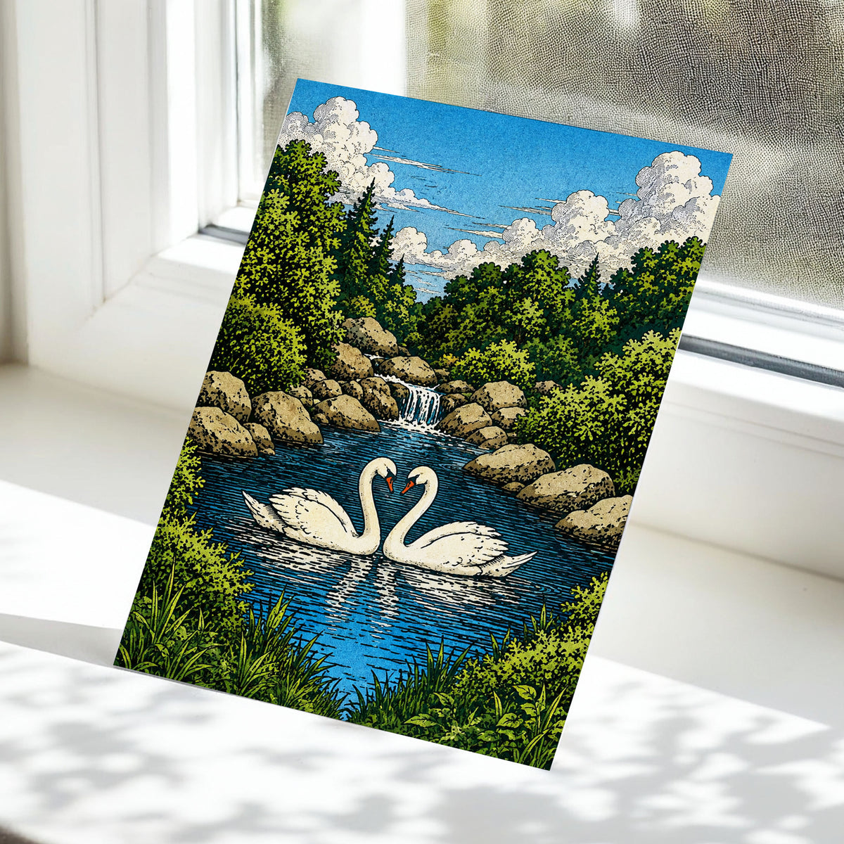 Swanwater Sanctuary, blue, green, beige nature wall art displayed in a styled interior, gallery view 5