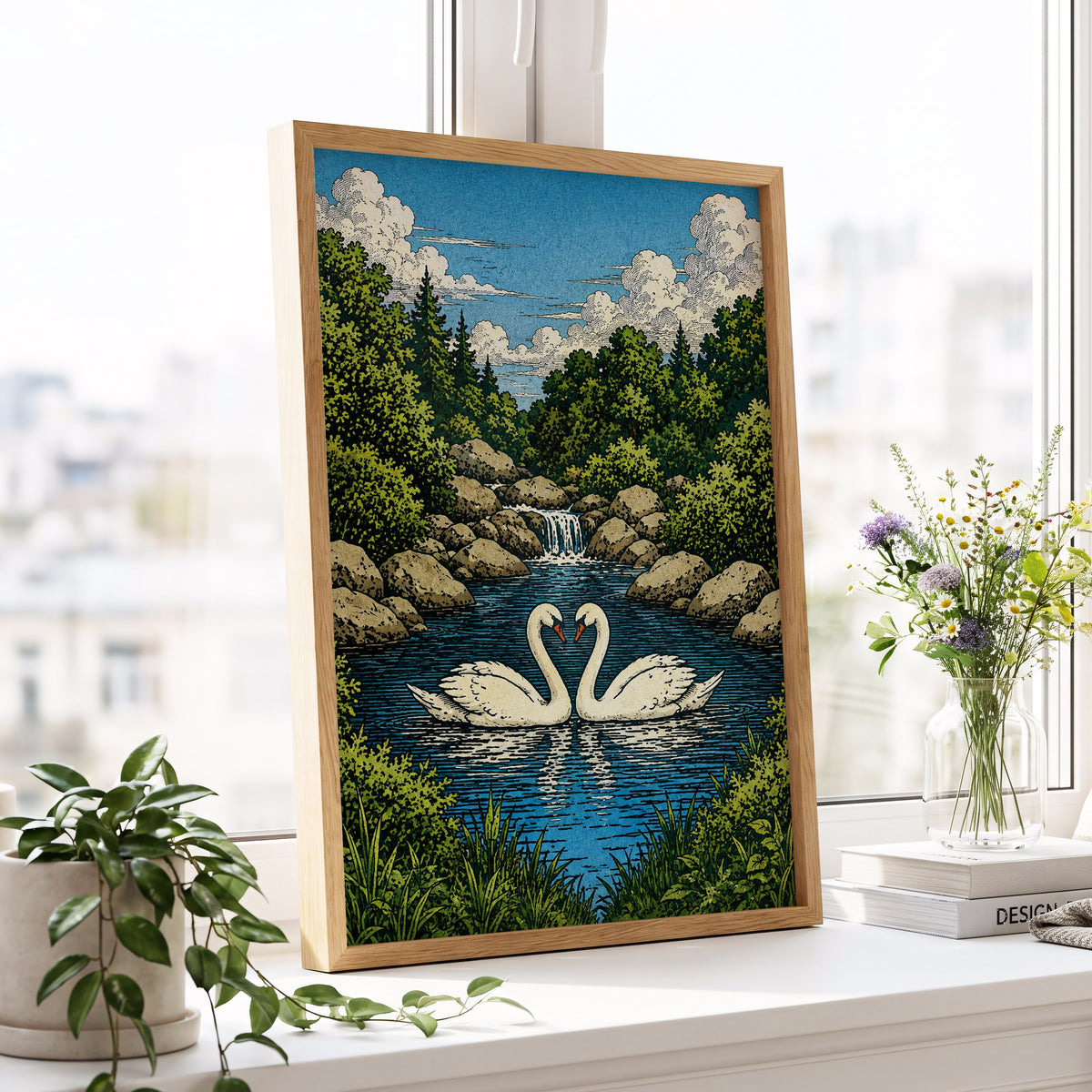 Swanwater Sanctuary, blue, green, beige nature wall art displayed in a styled interior, gallery view 6