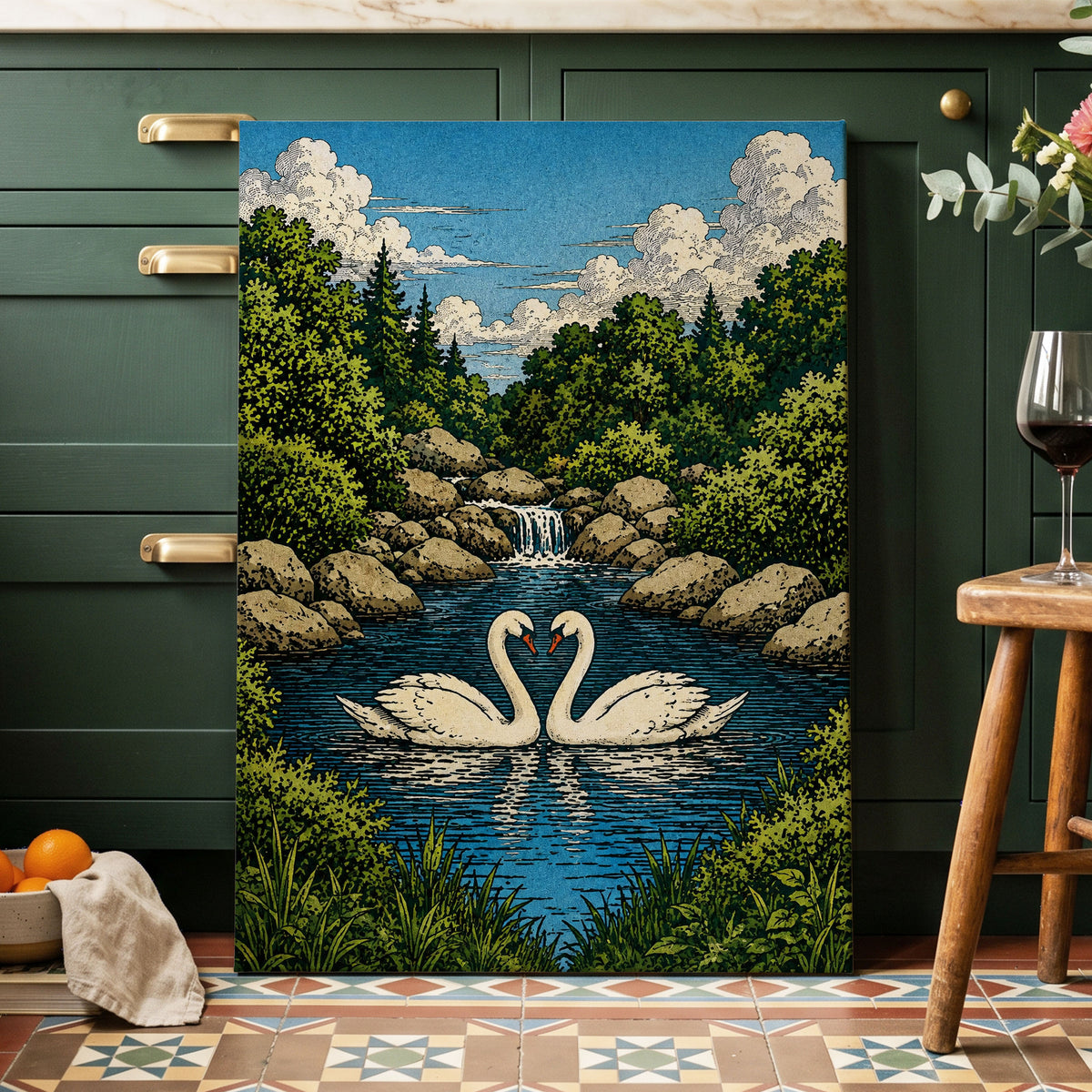 Swanwater Sanctuary, blue, green, beige nature wall art displayed in a styled interior, gallery view 7