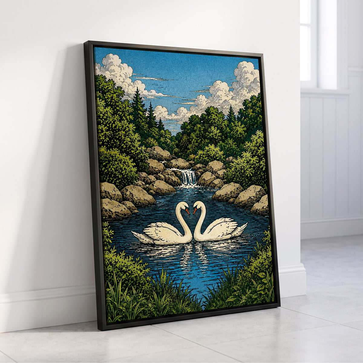 Swanwater Sanctuary, blue, green, beige nature wall art displayed in a styled interior, gallery view 8