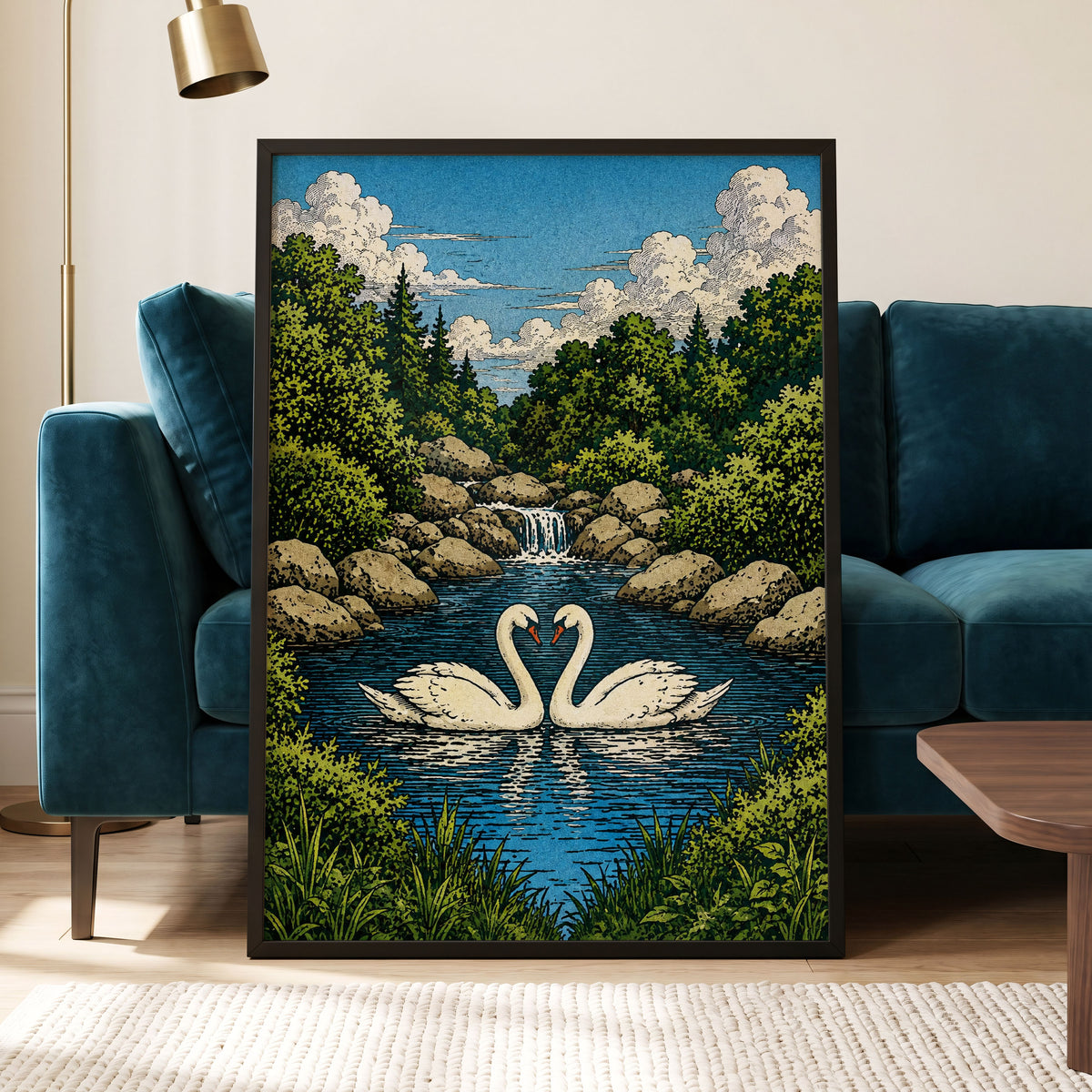 Swanwater Sanctuary, blue, green, beige nature wall art displayed in a styled interior, gallery view 9
